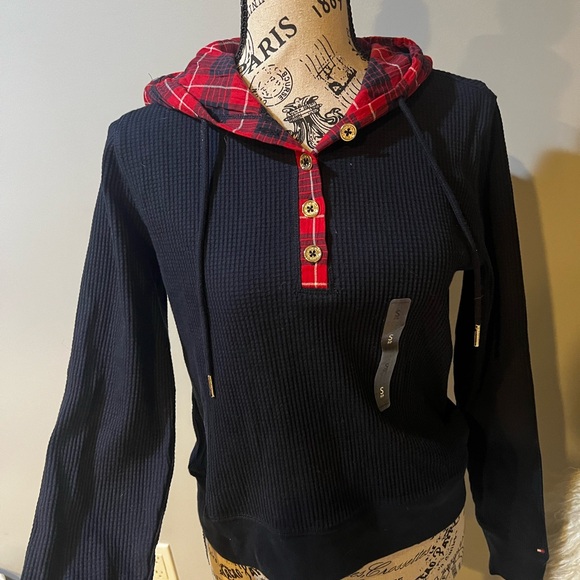 Tommy Hilfiger Black Sweater with Red Plaid Accents - Picture 2 of 4
